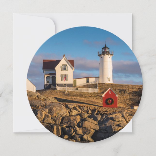Lighthouse at Sunset with Christmas Decorations Holiday Card (Front)
