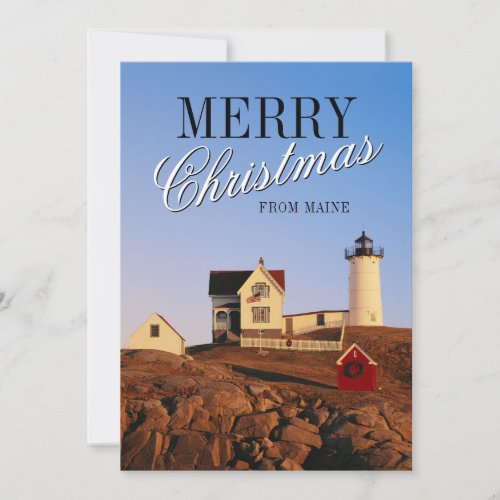 Lighthouse at Sunset with Christmas Decorations Holiday Card