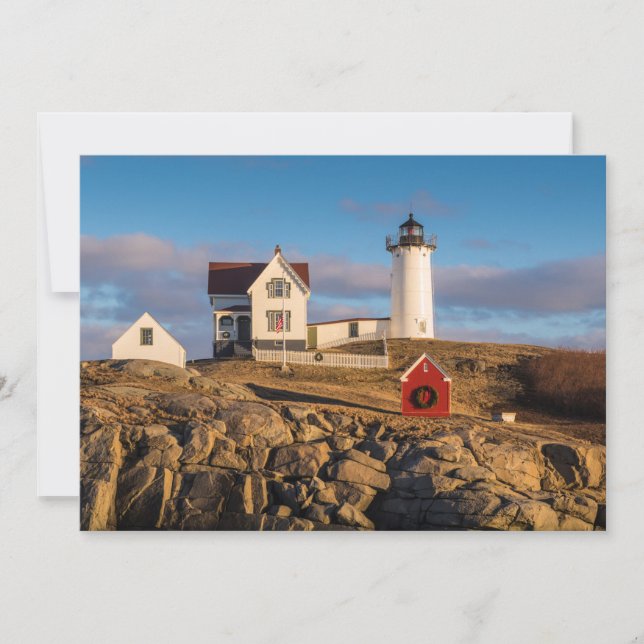 Lighthouse at Sunset with Christmas Decorations Holiday Card (Front)