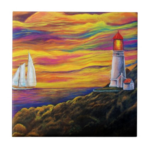 Lighthouse at Sunset with Sailboat Ceramic Tile