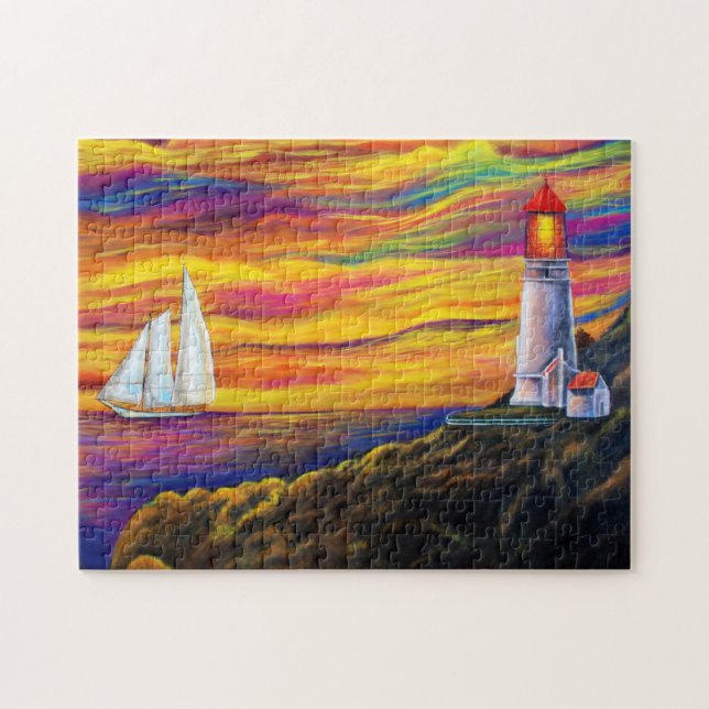 Lighthouse at Sunset with Sailboat Ocean Jigsaw Puzzle (Horizontal)