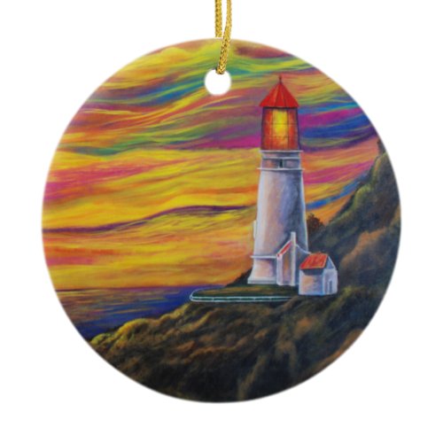 Lighthouse at Sunset with Sailboat Ocean Nautical Ceramic Ornament