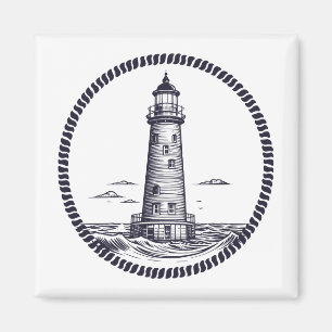 Lighthouse at the sea in round rope frame magnet