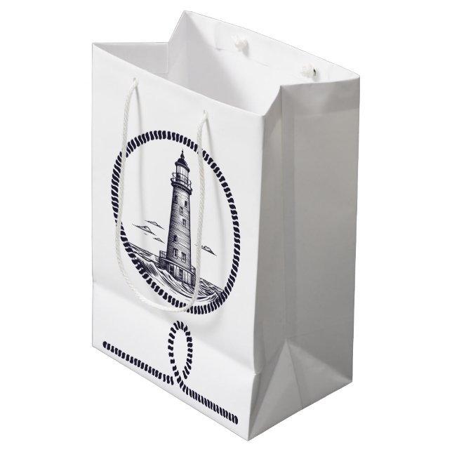 Lighthouse at the sea in round rope frame medium gift bag (Front Angled)