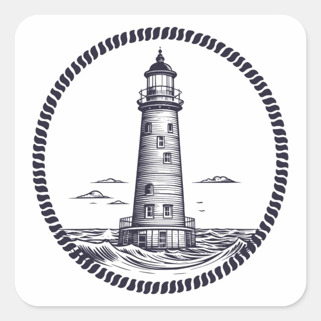 Lighthouse at the sea in round rope frame square sticker (Front)