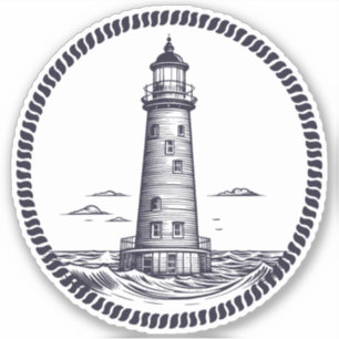 Lighthouse at the sea in round rope frame sticker
