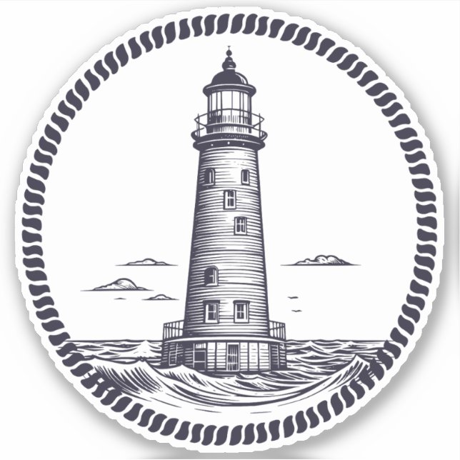 Lighthouse at the sea in round rope frame sticker (Front)