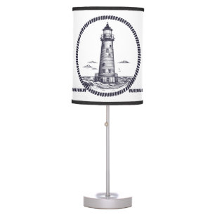 Lighthouse at the sea in round rope frame table lamp