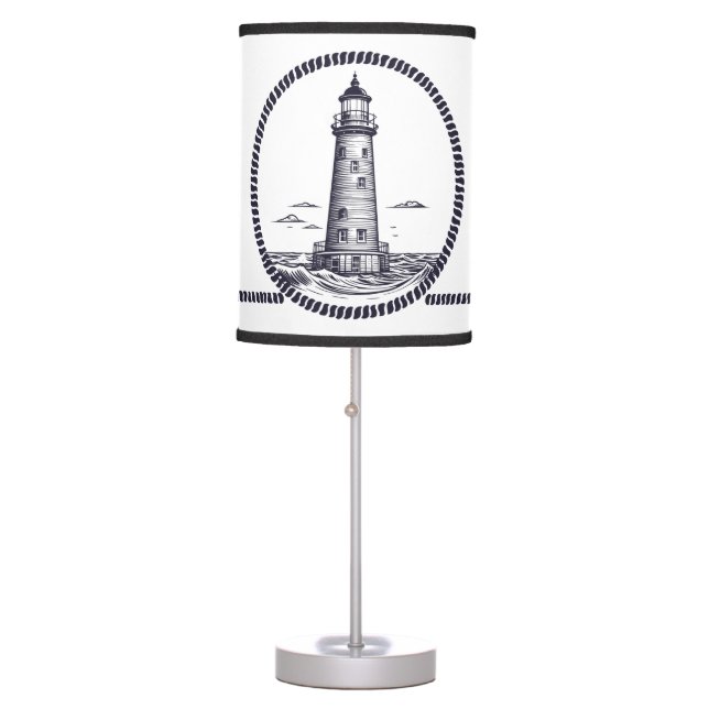 Lighthouse at the sea in round rope frame table lamp (Front)