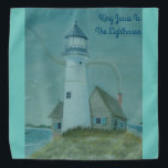 Lighthouse Bandana<br><div class="desc">This Bandana features a picture of a lighthouse with the words "king Jesus is the Lighthouse printed on it.</div>