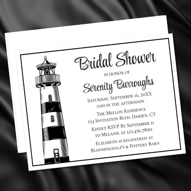 Lighthouse Beach Black Nautical Bridal Shower Invitation (Creator Uploaded)