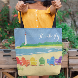 Lighthouse Beach Chairs Personalized Tote Bag