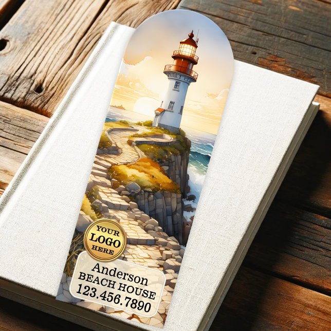 Lighthouse Beach House Holiday Rentals Bookmarks (Bookmark featuring a watercolor painting of a lighthouse at sunset. Beautiful for a beach house)