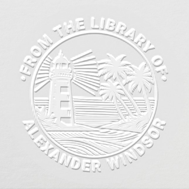 Lighthouse Beach Palm Trees Library Book Name Embosser (Design)