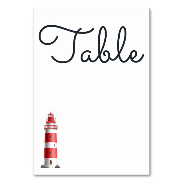 Lighthouse Beach Red White Nautical Wedding  Table Number (Front)