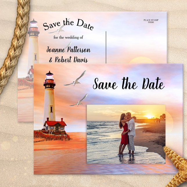 Lighthouse Beach Save The Date Photo Card (Artistic Save the Date card showing your photo on a painting of a lighthouse at sunset with seagulls)