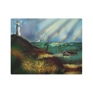 Lighthouse Beach Scene Metal Wall Art