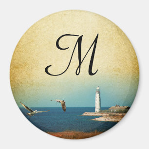 Lighthouse Beach Scene Monogram Initial Magnet