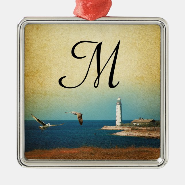Lighthouse Beach Scene Monogram Initial Ornament (Front)