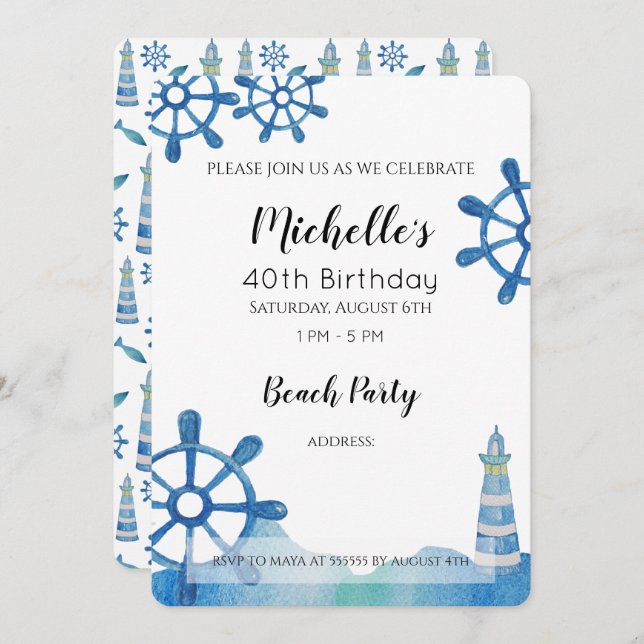 Lighthouse Beach Watercolor Hand-painted Invitatio Invitation (Front/Back)