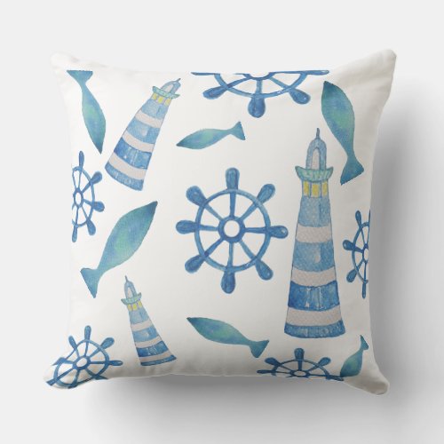 Lighthouse Beach Watercolor Hand_painted Outdoor Pillow