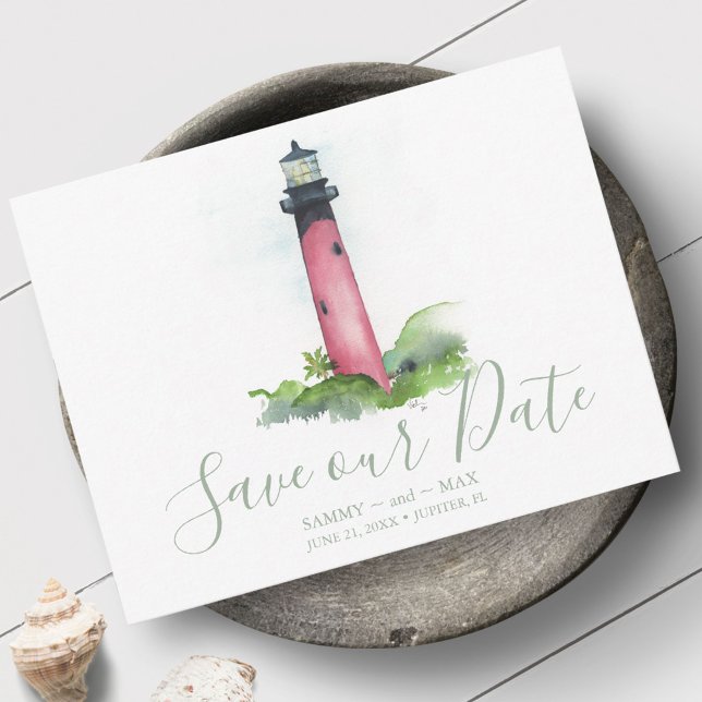 Lighthouse Beach Wedding In Florida Save The Date (Non photo wedding save the date invitations feature watercolor Jupiter Florida Lighthouse art)