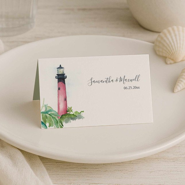 Lighthouse Beach Wedding Table Place Cards (Beach wedding in Florida features Jupiter lighthouse table seating card art by Victoria Grigaliunas)