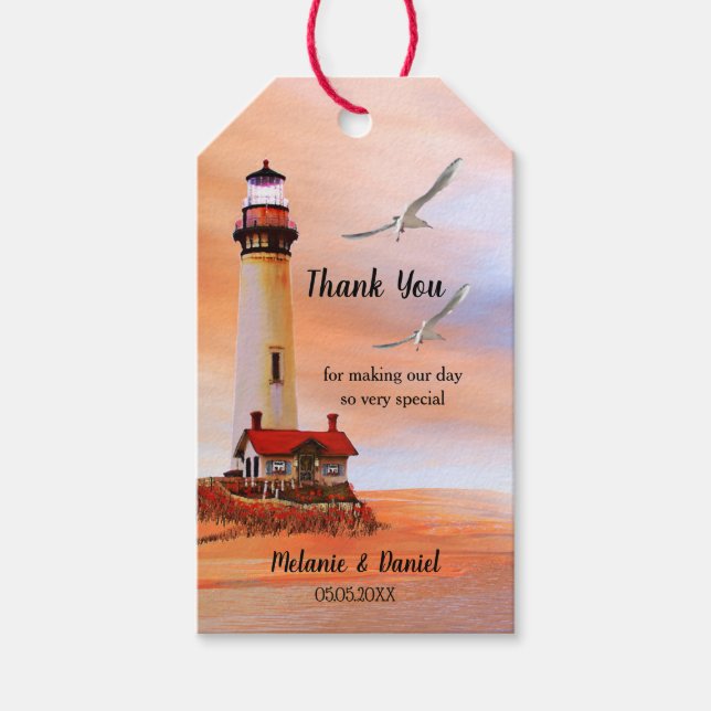 Lighthouse Beach Wedding Thank You Gift Tag (Front)