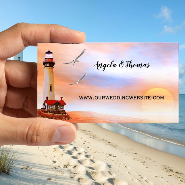Lighthouse Beach Wedding Website Business Card (Wedding website business card featuring a painting of a lighthouse at the beach at sunset)