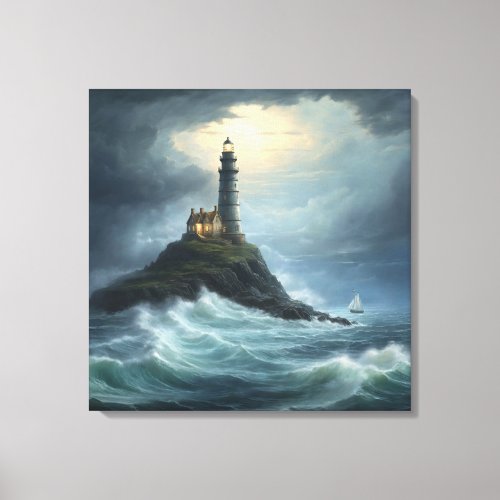 Lighthouse Beacon Guiding Light Amidst Waves Canvas Print