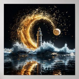 🌙 Lighthouse Beneath Golden Moon Coastal Night Poster