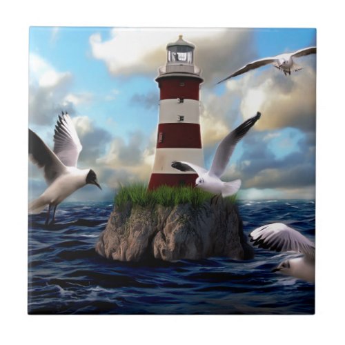 Lighthouse Birds Flying Ceramic Tile