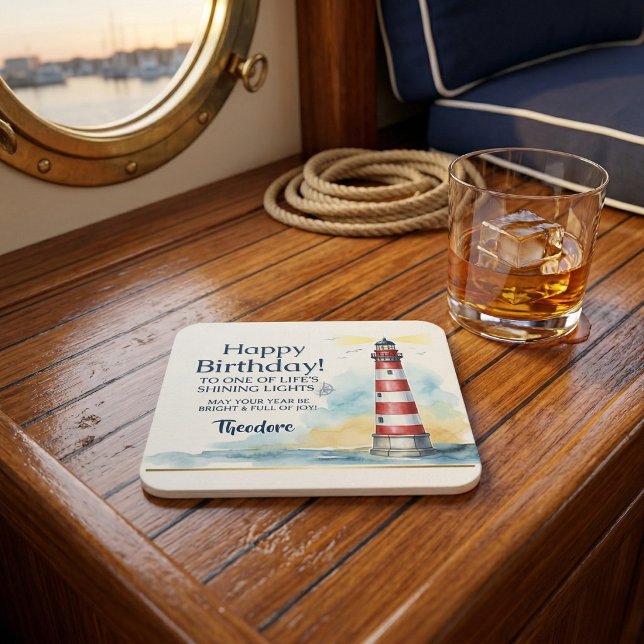 Lighthouse Birthday Shining Light Square Paper Coaster (Guide drinks safely to shore)