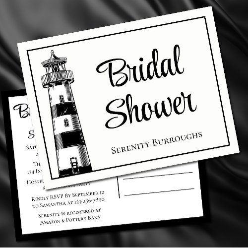 Lighthouse Black White Nautical Bridal Shower  Invitation Postcard