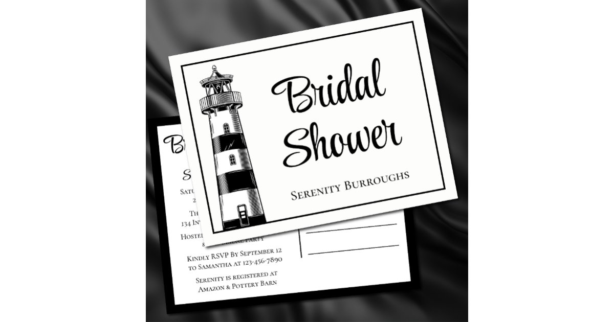 Lighthouse Black White Nautical Bridal Shower Invitation Postcard | Zazzle