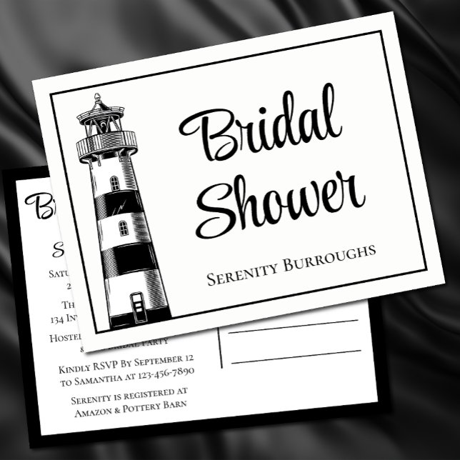 Lighthouse Black White Nautical Bridal Shower  Invitation Postcard (Creator Uploaded)