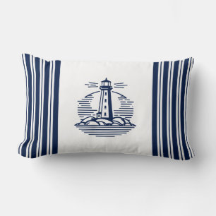 Lighthouse, Blue and White Nautical Lumbar Pillow