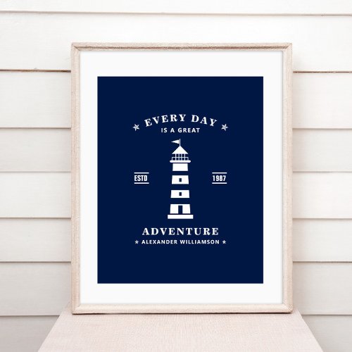 Lighthouse Blue and White Nautical Poster