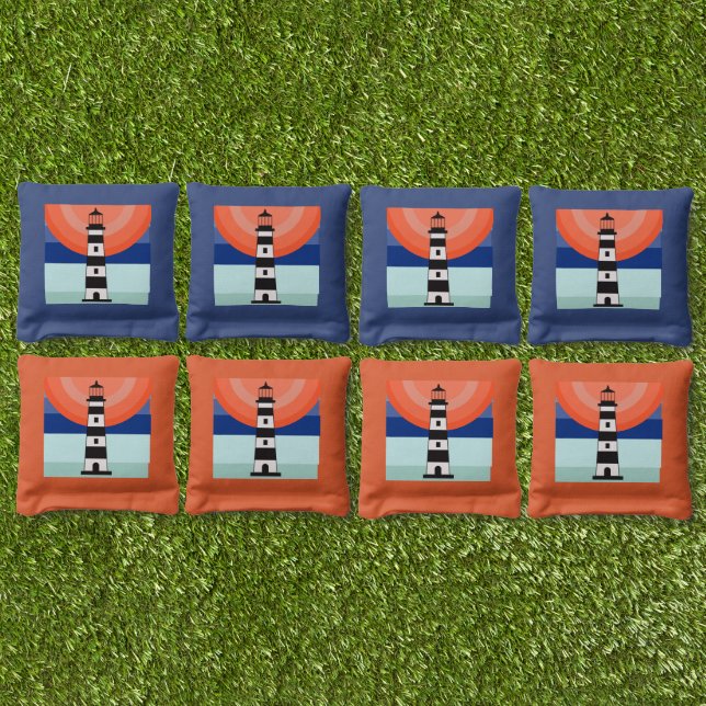 Lighthouse Blue Orange Beach Coastal Nautical  Cornhole Bags (Set)