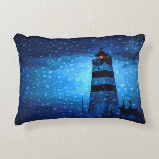 Lighthouse blue rainy dark night nautical storm accent pillow (Front)
