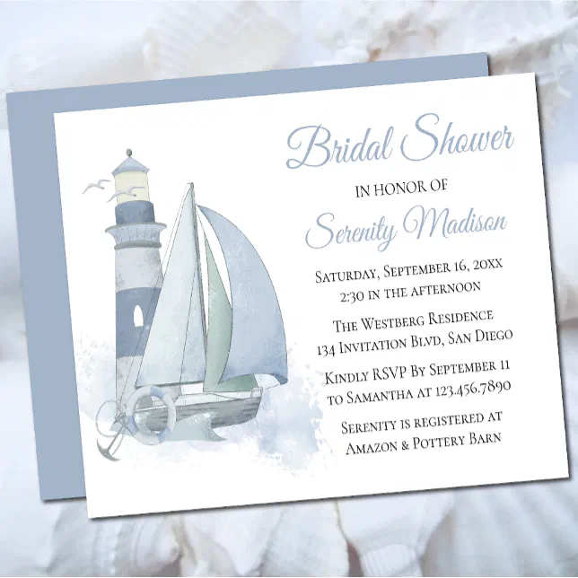Lighthouse Blue Watercolor Nautical Bridal Shower Invitation | Zazzle