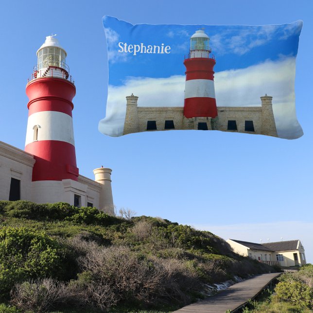 Lighthouse Blue White and Red Photographic Named  Lumbar Pillow (Front with Background)