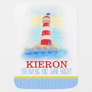 Lighthouse blue white boys name baby blanket