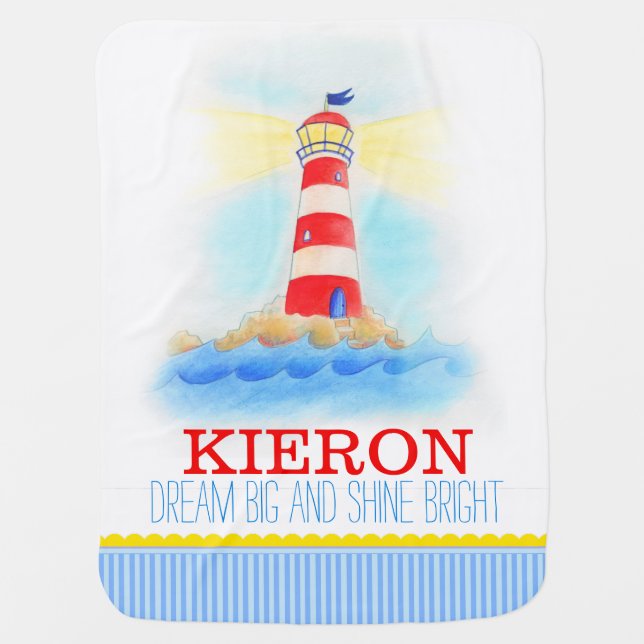 Lighthouse blue white boys name baby blanket (Front)