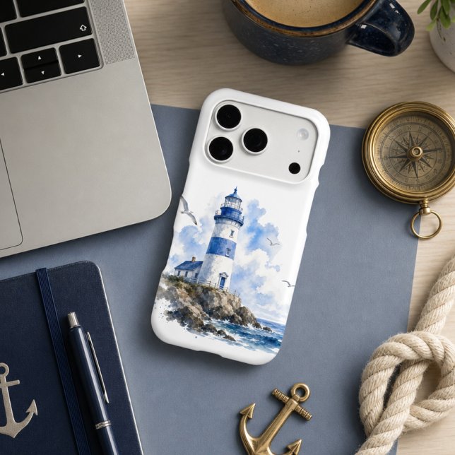 Lighthouse Blue & White Nautical  iPhone Case (Creator Uploaded)