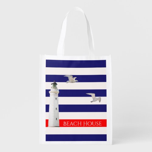 Lighthouse blue white nautical stripes grocery bag