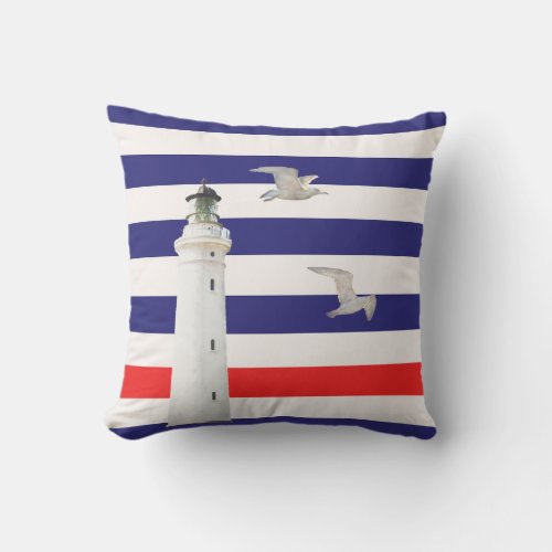 Lighthouse blue white red nautical stripes throw pillow