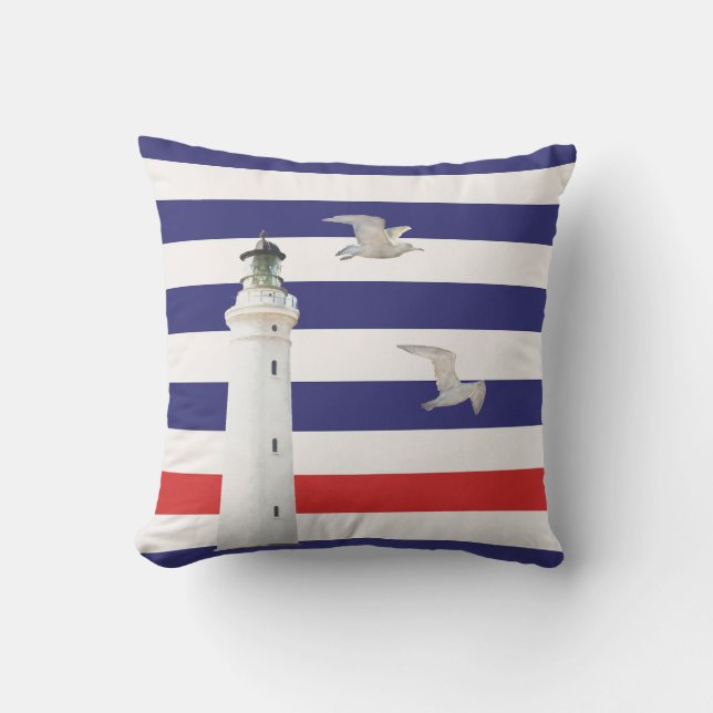 Lighthouse blue white red nautical stripes throw pillow (Front)