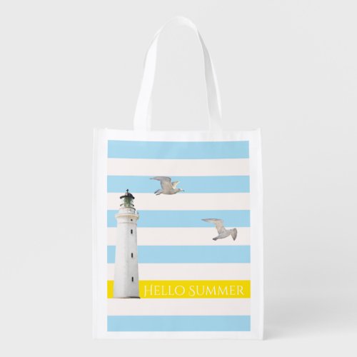 Lighthouse blue white stripes reusable grocery bag