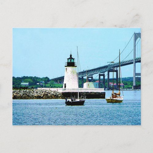 Lighthouse Bridge and Boats Newport RI Postcard